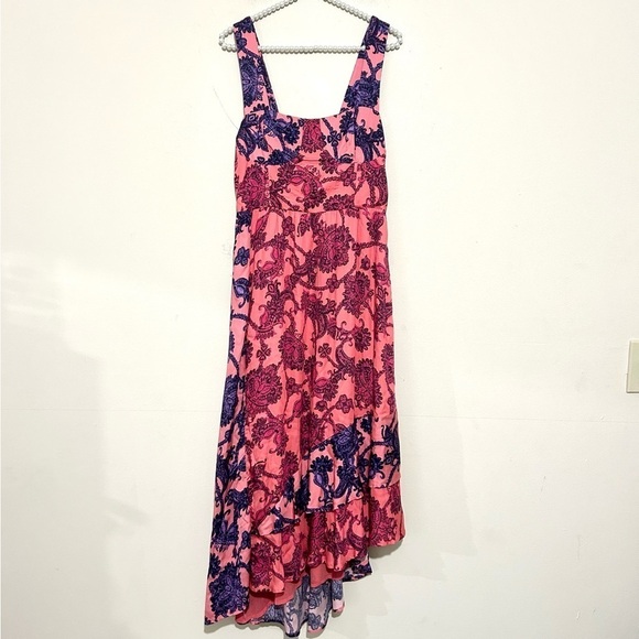 Du Paradis Colorblock Pink Coral Asymmetrical Hem Midi Sundress NEW SIZE LARGE - Picture 2 of 8